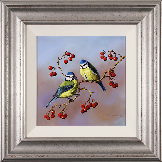 Natalie Stutely, Original oil painting on panel, Blue Tits, click to enlarge