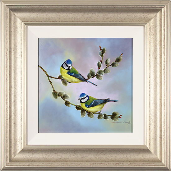 Natalie Stutely, Original oil painting on panel, Blue Tits and Willow Blossom