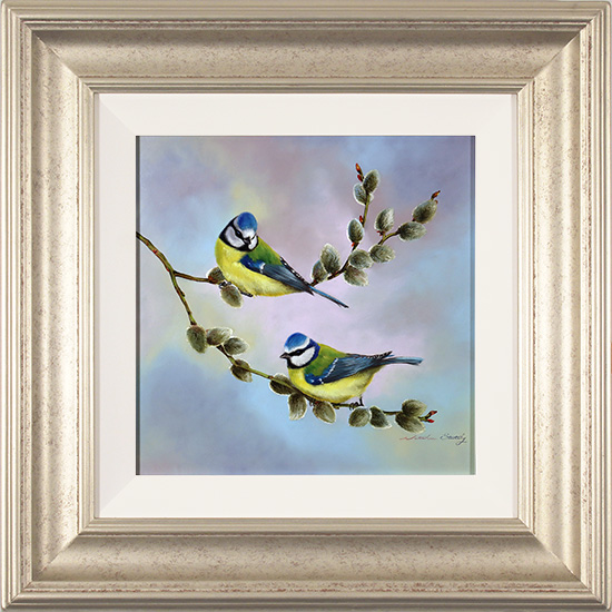Natalie Stutely, Original oil painting on panel, Blue Tits and Willow Blossom, click to enlarge