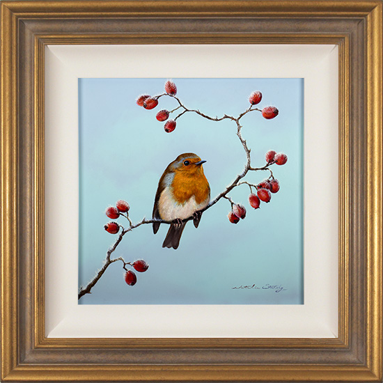 Natalie Stutely, Original oil painting on panel, Robin and Rosehips