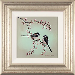 Natalie Stutely, Original oil painting on panel, Long-tailed Tits on Wild Cherry Blossom