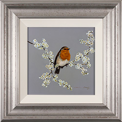 Natalie Stutely, Original oil painting on panel, Robin on Blackthorn