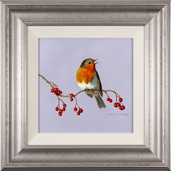 Natalie Stutely, Original oil painting on panel, Robin Singing on Rowan