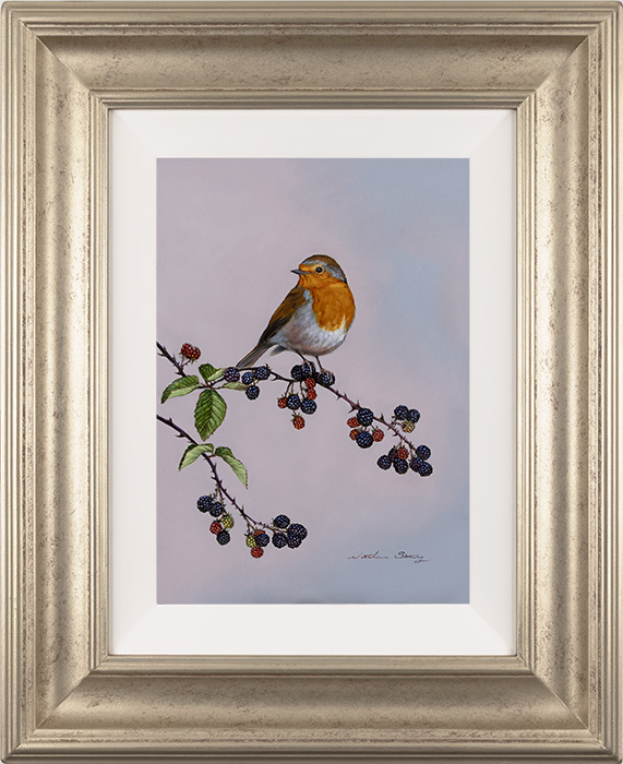 Natalie Stutely, Original oil painting on panel, Robin and Blackberries
