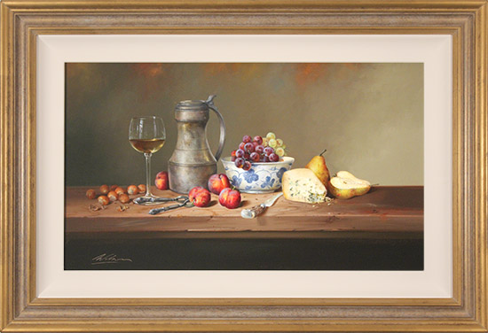 Paul Wilson, Original oil painting on panel, Still Life with Cheese, Fruit and Wine