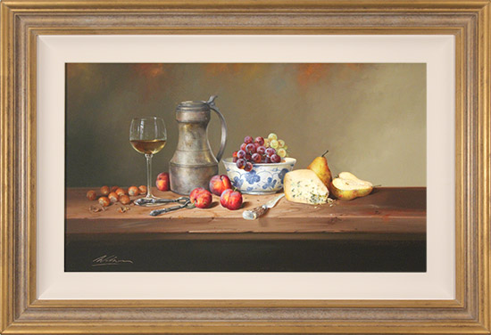 Paul Wilson, Original oil painting on panel, Still Life with Cheese, Fruit and Wine 