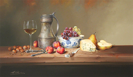 Paul Wilson, Original oil painting on panel, Still Life with Cheese, Fruit and Wine Without frame image. Click to enlarge