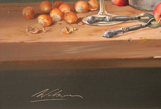 Paul Wilson, Original oil painting on panel, Still Life with Cheese, Fruit and Wine Signature image. Click to enlarge