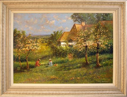 Paul Attfield, Original oil painting on panel, In the Apple Orchard