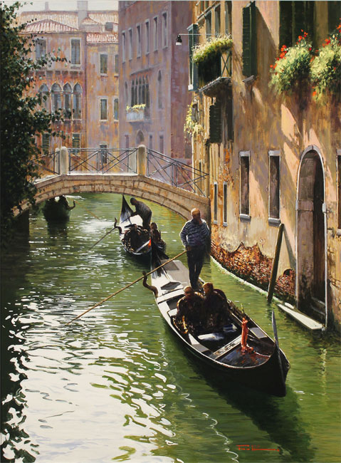 Raffaele Fiore, Original oil painting on canvas, Venetian Gondolas  Without frame image. Click to enlarge