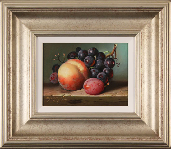 Raymond Campbell, Original oil painting on panel, Peach, Plum and Grapes 