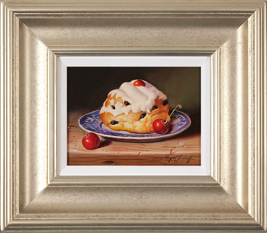 Raymond Campbell, Original oil painting on panel, Belgian Bun with Cherries , click to enlarge