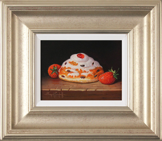 Raymond Campbell, Original oil painting on panel, Belgian Bun with Strawberries, click to enlarge