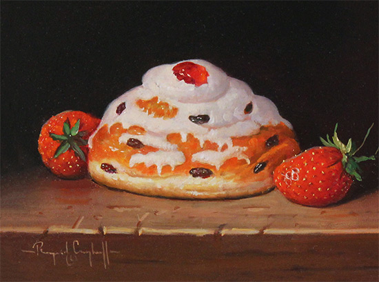 Raymond Campbell, Original oil painting on panel, Belgian Bun with Strawberries Without frame image. Click to enlarge