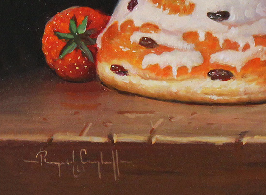 Raymond Campbell, Original oil painting on panel, Belgian Bun with Strawberries Signature image. Click to enlarge
