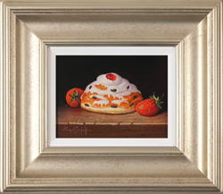 Raymond Campbell, Original oil painting on panel, Belgian Bun with Strawberries Large image. Click to enlarge