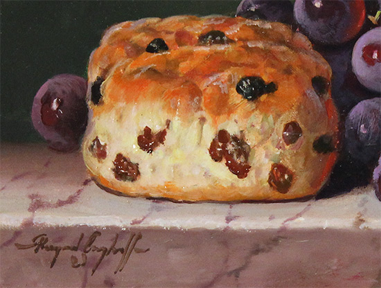 Raymond Campbell, Original oil painting on panel, Scone with Grapes Signature image. Click to enlarge