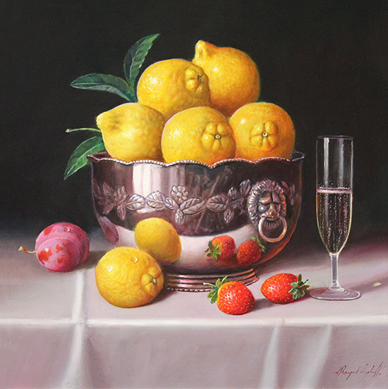 Raymond Campbell, Original oil painting on panel, Bowl of Lemons