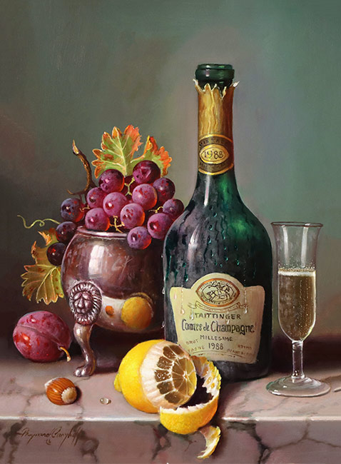Raymond Campbell, Original oil painting on panel, Chilled Taittinger, 1988 Vintage Champagne Without frame image. Click to enlarge