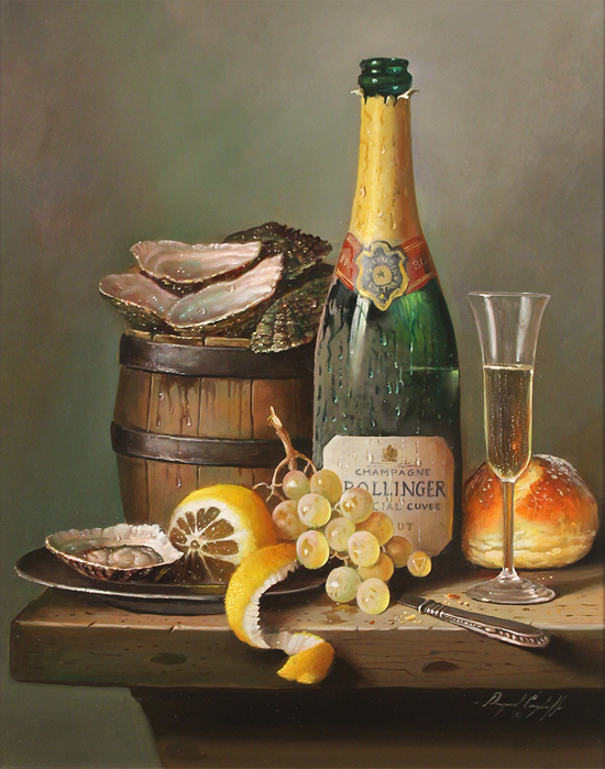 Raymond Campbell, Original oil painting on panel, Champagne Indulgence