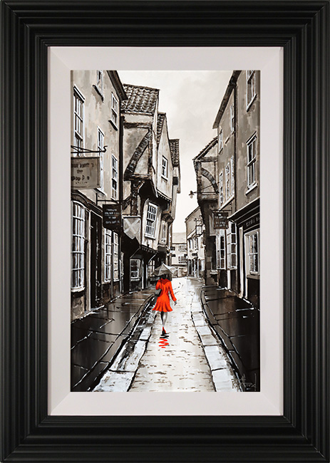 Richard Telford, Original oil painting on panel, Red Dress on the Shambles