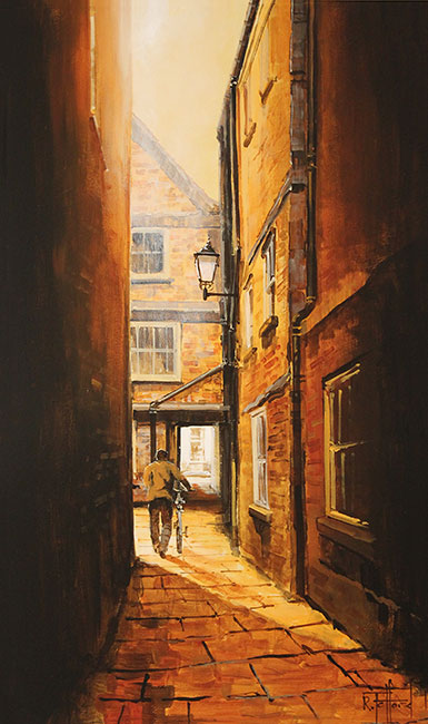 Richard Telford, Original oil painting on panel, Mad Alice Lane, York Without frame image. Click to enlarge