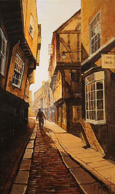 Richard Telford, Original oil painting on panel, Shadows on The Shambles, York Without frame image. Click to enlarge