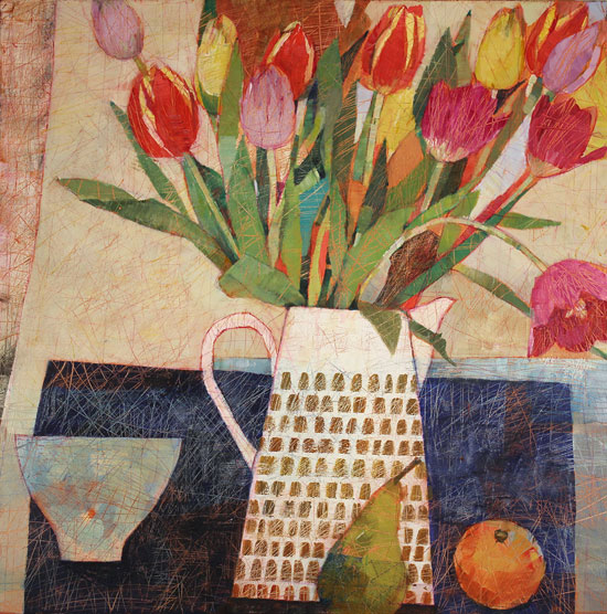 Sally Anne Fitter, Original acrylic painting on canvas, Orange and Spring Tulips