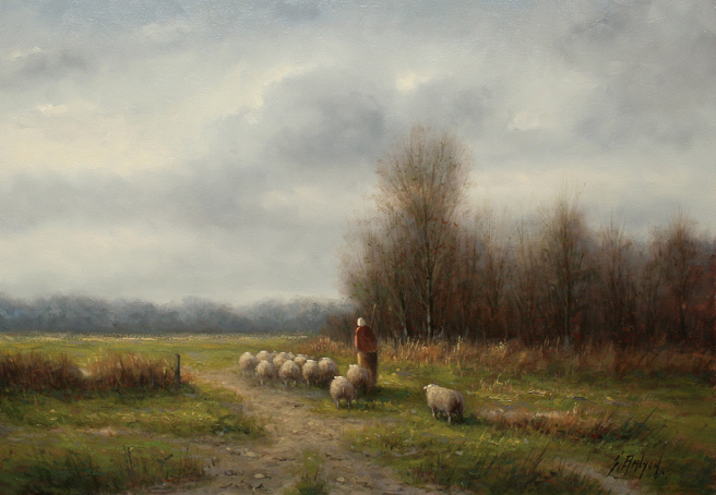 Simon Balyon, Original oil painting on panel, Going to the Meadow. Click to enlarge