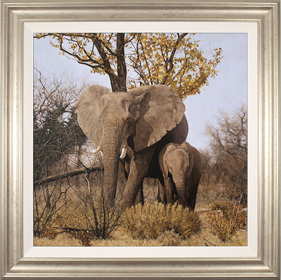 Stephen Park, Original oil painting on panel, Elephant Mother and Calf