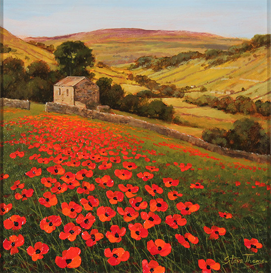 Steve Thoms, Original oil painting on panel, Poppy Field, Yorkshire Dales Without frame image. Click to enlarge