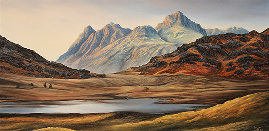 Suzie Emery, Original acrylic painting on board, Langdale Pikes, Blea Tarn  Without frame image. Click to enlarge