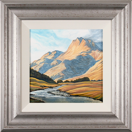 Suzie Emery, Original acrylic painting on board, Langdale Pikes and Great Langdale Beck 