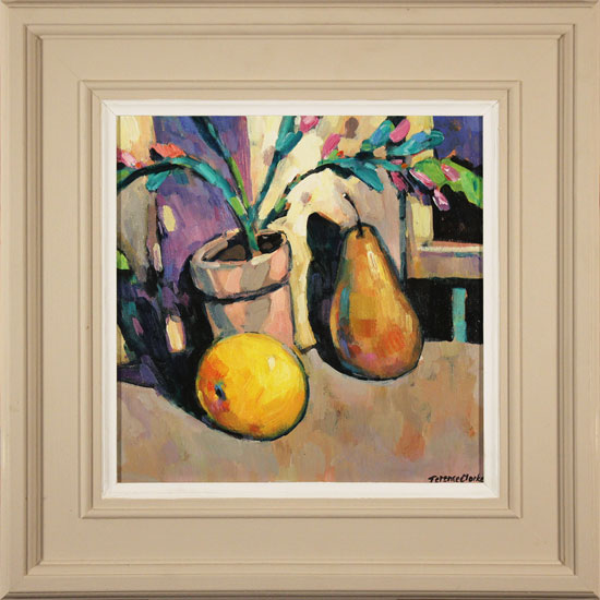 Terence Clarke, Original acrylic painting on canvas, The Christmas Cactus and Pear 