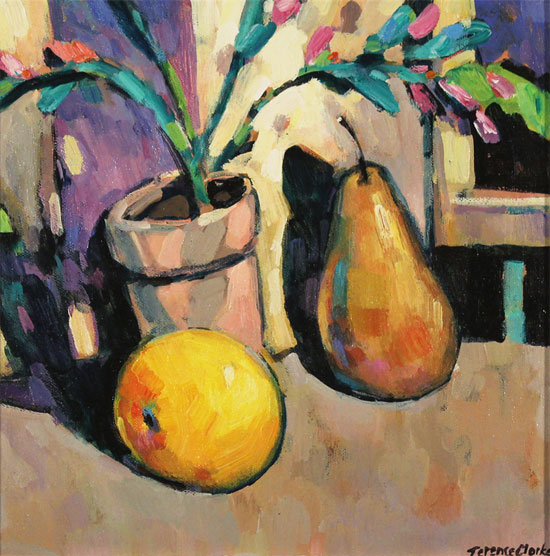 Terence Clarke, Original acrylic painting on canvas, The Christmas Cactus and Pear Without frame image. Click to enlarge