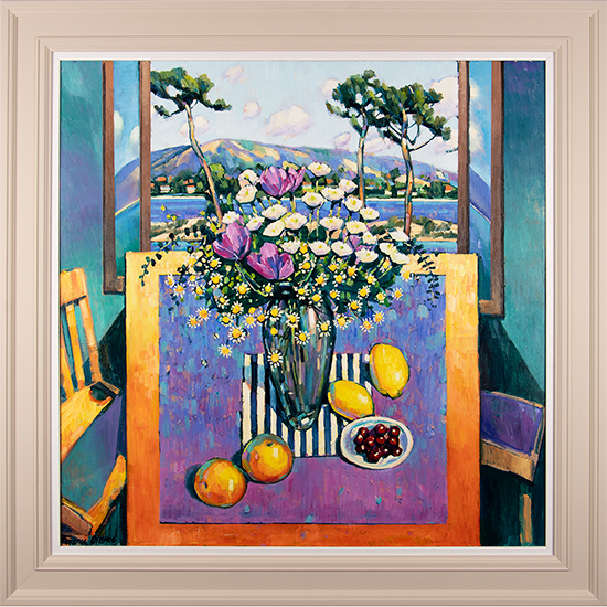 Terence Clarke, Original oil painting on canvas, Flowers in the Window, Lake Garda 