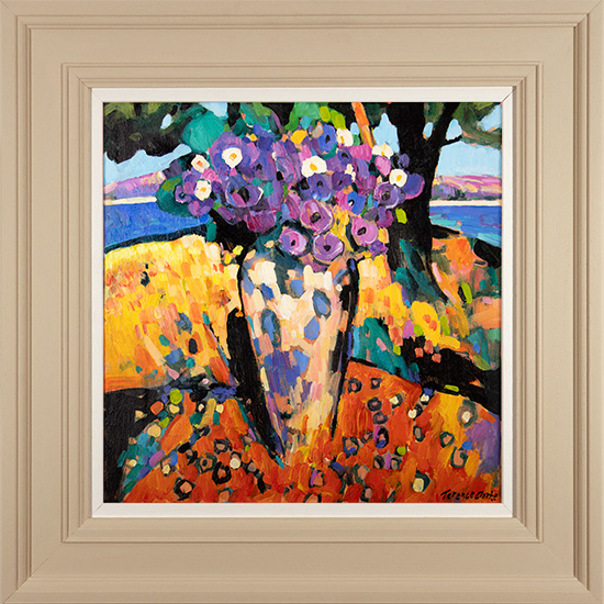 Terence Clarke, Original acrylic painting on canvas, Flowers in the Window, Chalki, Greece, click to enlarge