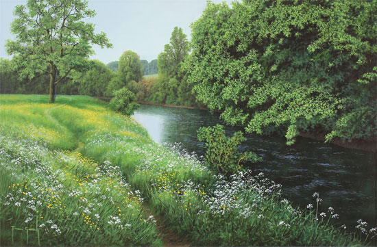 Terry Grundy, Original oil painting on panel, Midsummer by the River Without frame image. Click to enlarge
