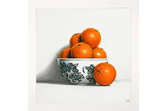 Ian Rawling, PS, Pastel, Oranges in Blue and White Bowl
