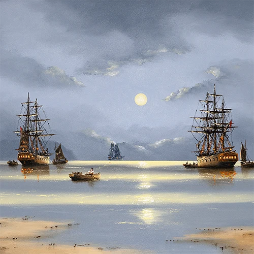 Alex Hill, Galleons by Moonlight, Original oil painting on panel