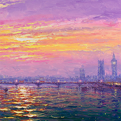 Andrew Grant Kurtis, Sunshine Sparkle across the Thames, Original oil painting on panel