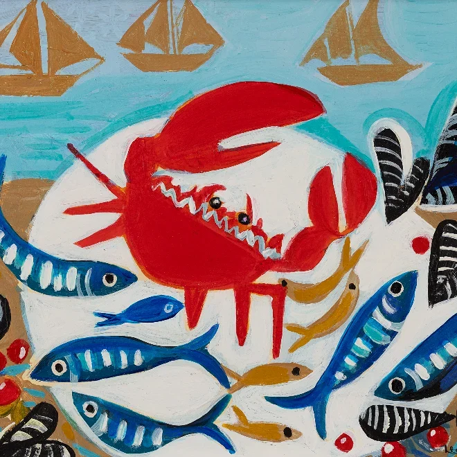 Marissa Weatherhead, Platter with Crab, Original acrylic painting on board