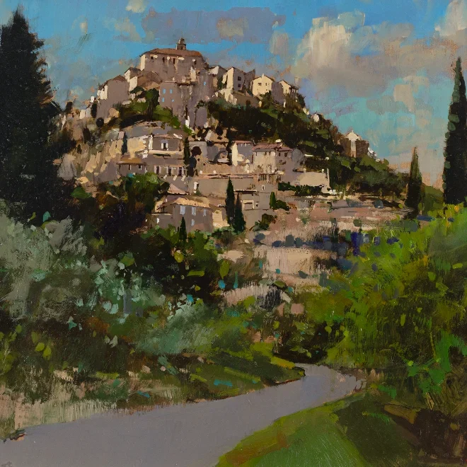 David Sawyer, RBA, Gordes from Route des Trois Soldats (The Road of three Soldiers), Original oil painting on panel