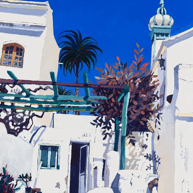 Jennifer Irvine, RGI RSW, Palm Tree and Tower, Original oil painting on canvas