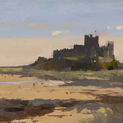 Michael John Ashcroft, ROI, Autumn Feels, Bamburgh Castle, Original oil painting on panel